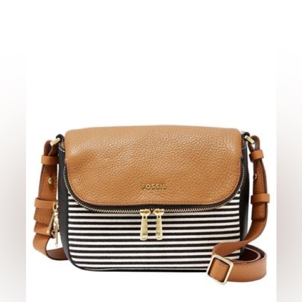 Fossil Preston Flap Black and White Stripe, Camel Leather, Brass Detail